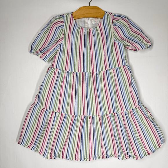 Crewcuts Girls Puff Sleeve Dress Rainbow Seersucker Size 5 Sun A Line Tiered - Picture 2 of 6